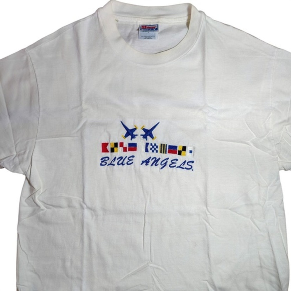 Blue Angels Embroidered T-Shirt Size L White Hanes Beefy-T Made in‎ USA military